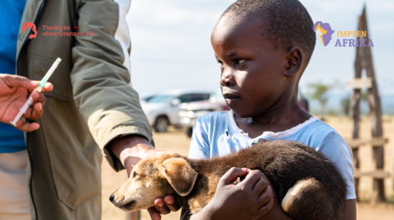 Ein Mädchen in Kenia hält einen jungen Hund im Arm, während eine Veterinärperson im Hintergrund eine Spritze vorbereitet, um den Hund gegen Tollwut zu impfen.